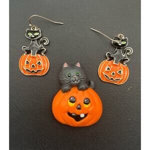 Halloween Black Cat Jack-o-lantern Brooch And Earrings Lot